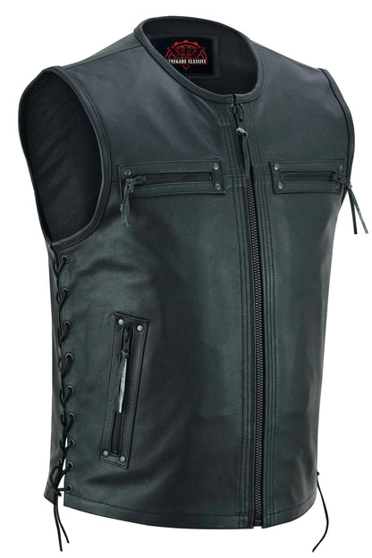 Men's Black Leather club style Motorcycle Vest with Zipper Front