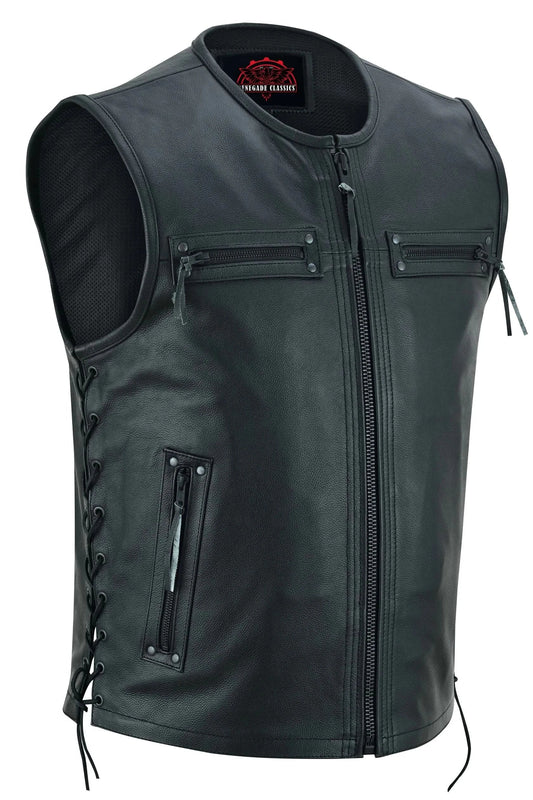 Men's Black Leather club style Motorcycle Vest with Zipper Front