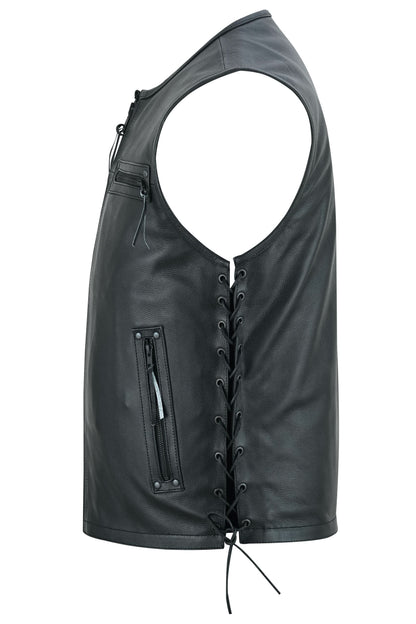 Men's Black Leather club style Motorcycle Vest with Zipper Front