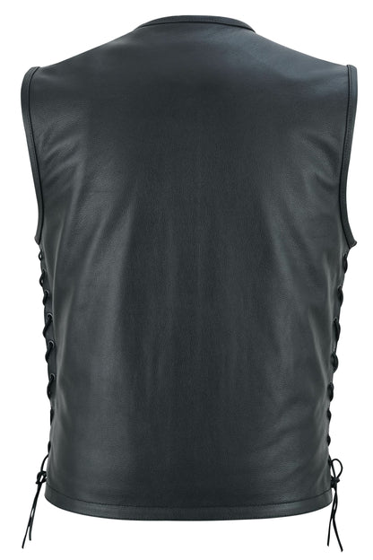 Men's Black Leather club style Motorcycle Vest with Zipper Front