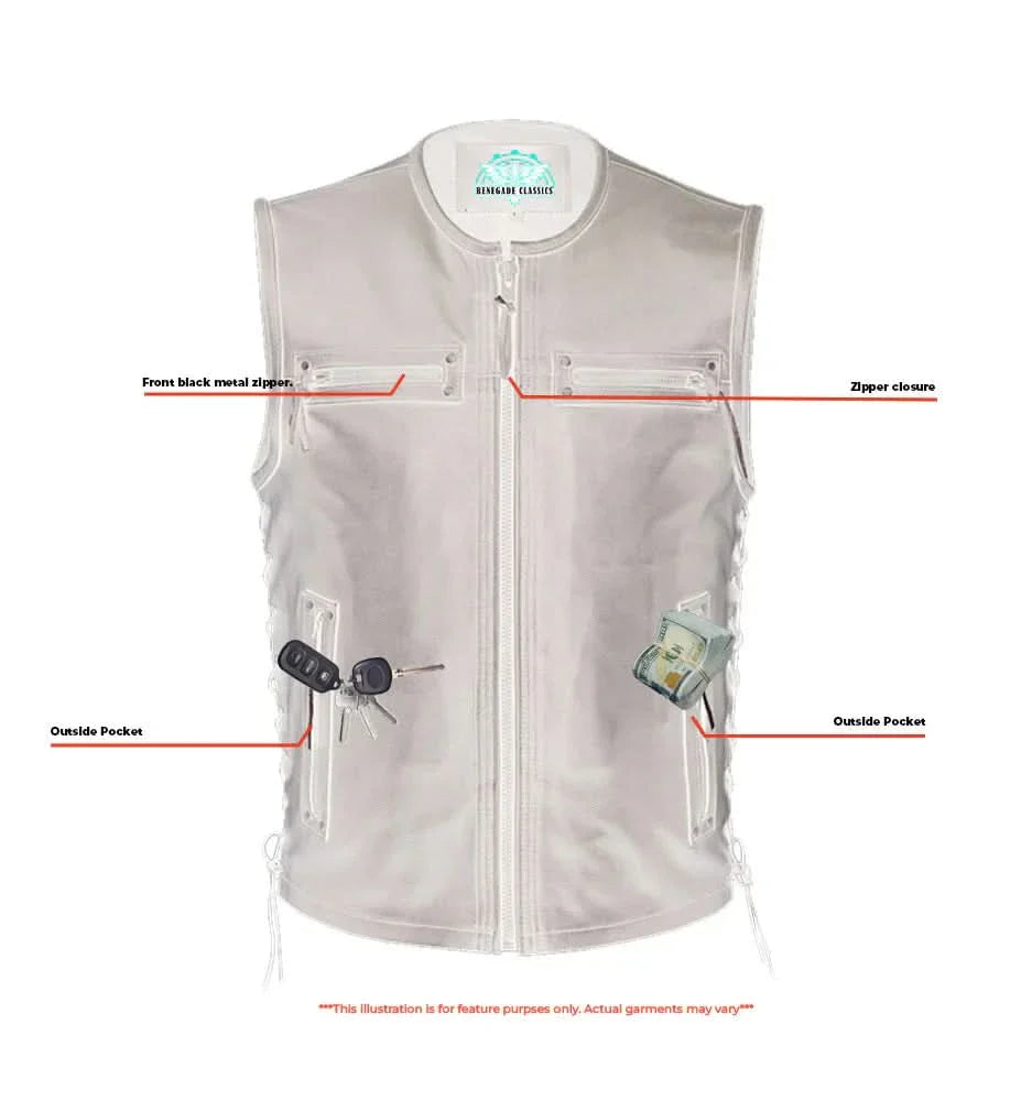 Men's Black Leather club style Motorcycle Vest with Zipper Front