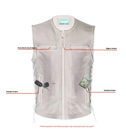 Men's Black Leather club style Motorcycle Vest with Zipper Front