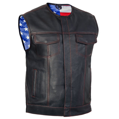 Men's Club Style leather Vest with rolled Collar and USA Flag Lining & Red Stitching