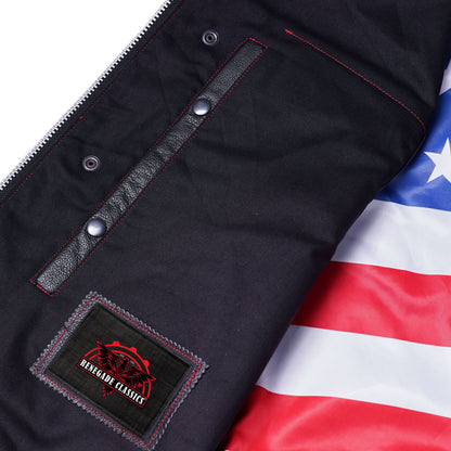 Men's Club Style leather Vest with rolled Collar and USA Flag Lining & Red Stitching