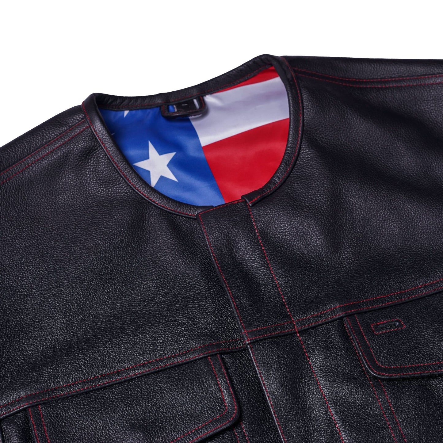 Men's Club Style leather Vest with rolled Collar and USA Flag Lining & Red Stitching