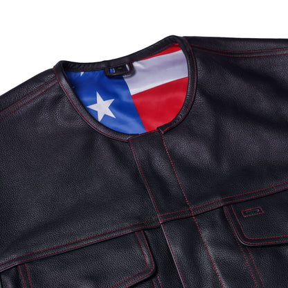 Men's Club Style leather Vest with rolled Collar and USA Flag Lining & Red Stitching