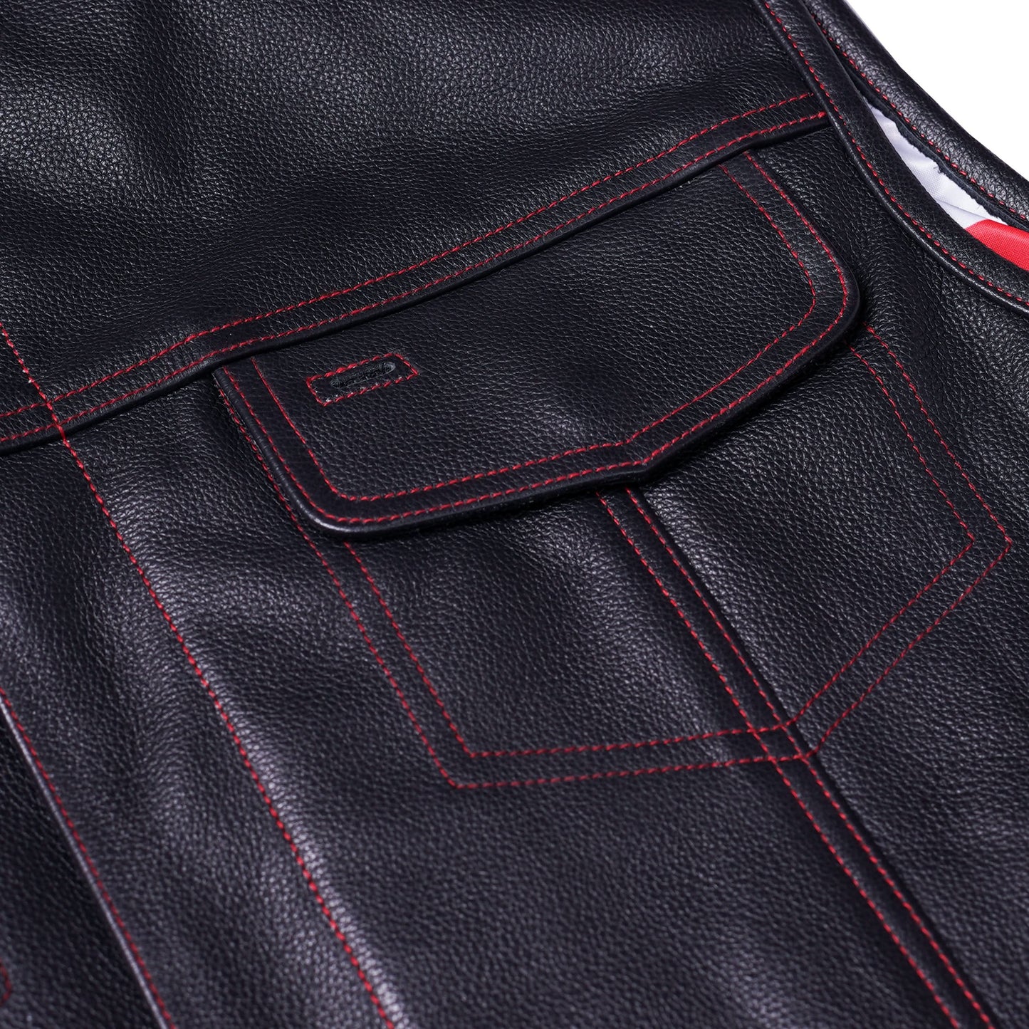 Men's Club Style leather Vest with rolled Collar and USA Flag Lining & Red Stitching