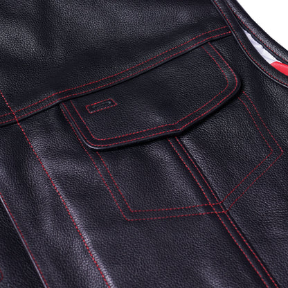 Men's Club Style leather Vest with rolled Collar and USA Flag Lining & Red Stitching