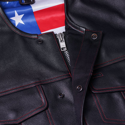 Men's Club Style leather Vest with rolled Collar and USA Flag Lining & Red Stitching