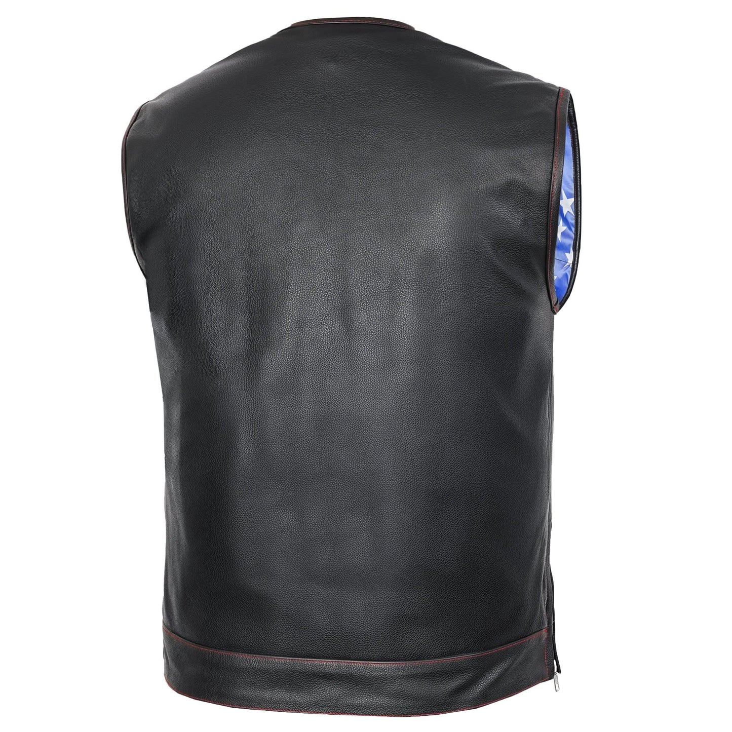 Men's Club Style leather Vest with rolled Collar and USA Flag Lining & Red Stitching