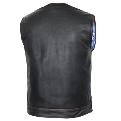 Men's Club Style leather Vest with rolled Collar and USA Flag Lining & Red Stitching