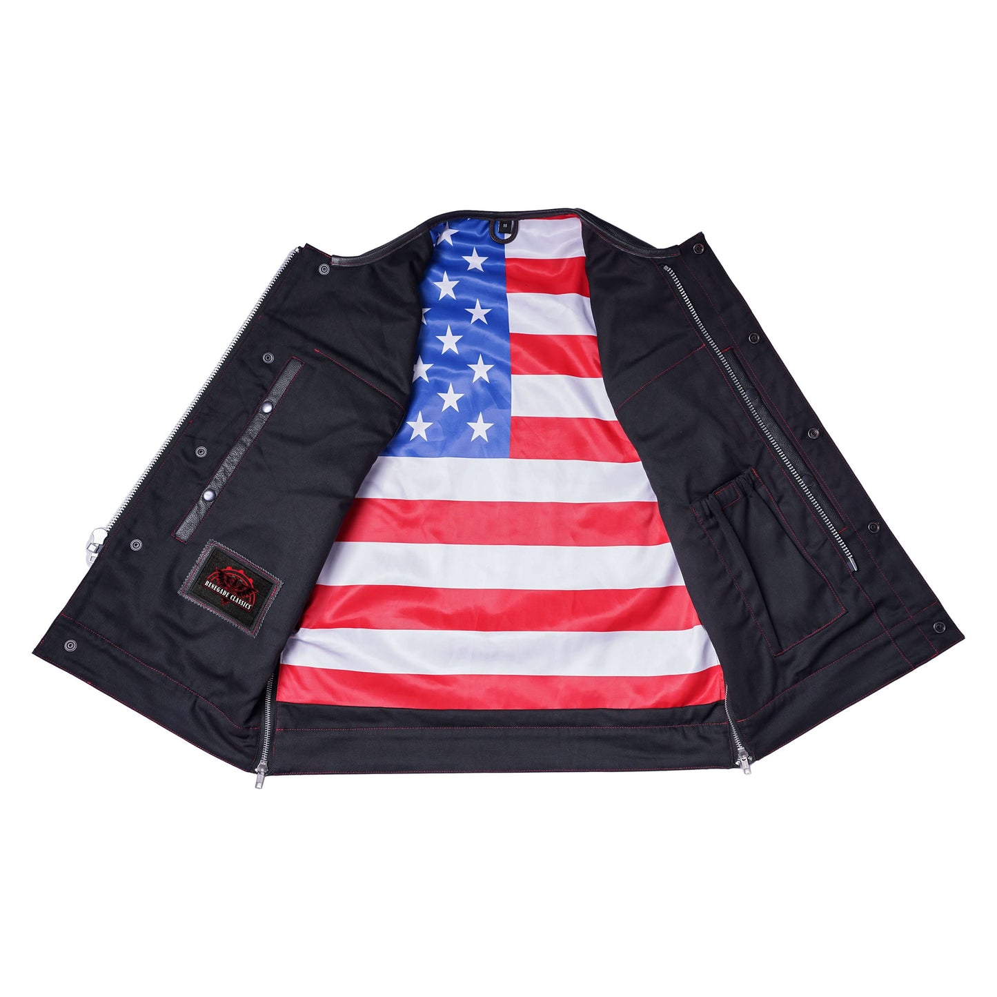 Men's Club Style leather Vest with rolled Collar and USA Flag Lining & Red Stitching