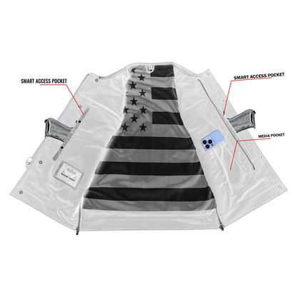 Men's Club Style leather Vest with rolled Collar and USA Flag Lining & Red Stitching