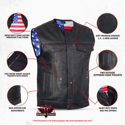 Men's Club Style leather Vest with rolled Collar and USA Flag Lining & Red Stitching