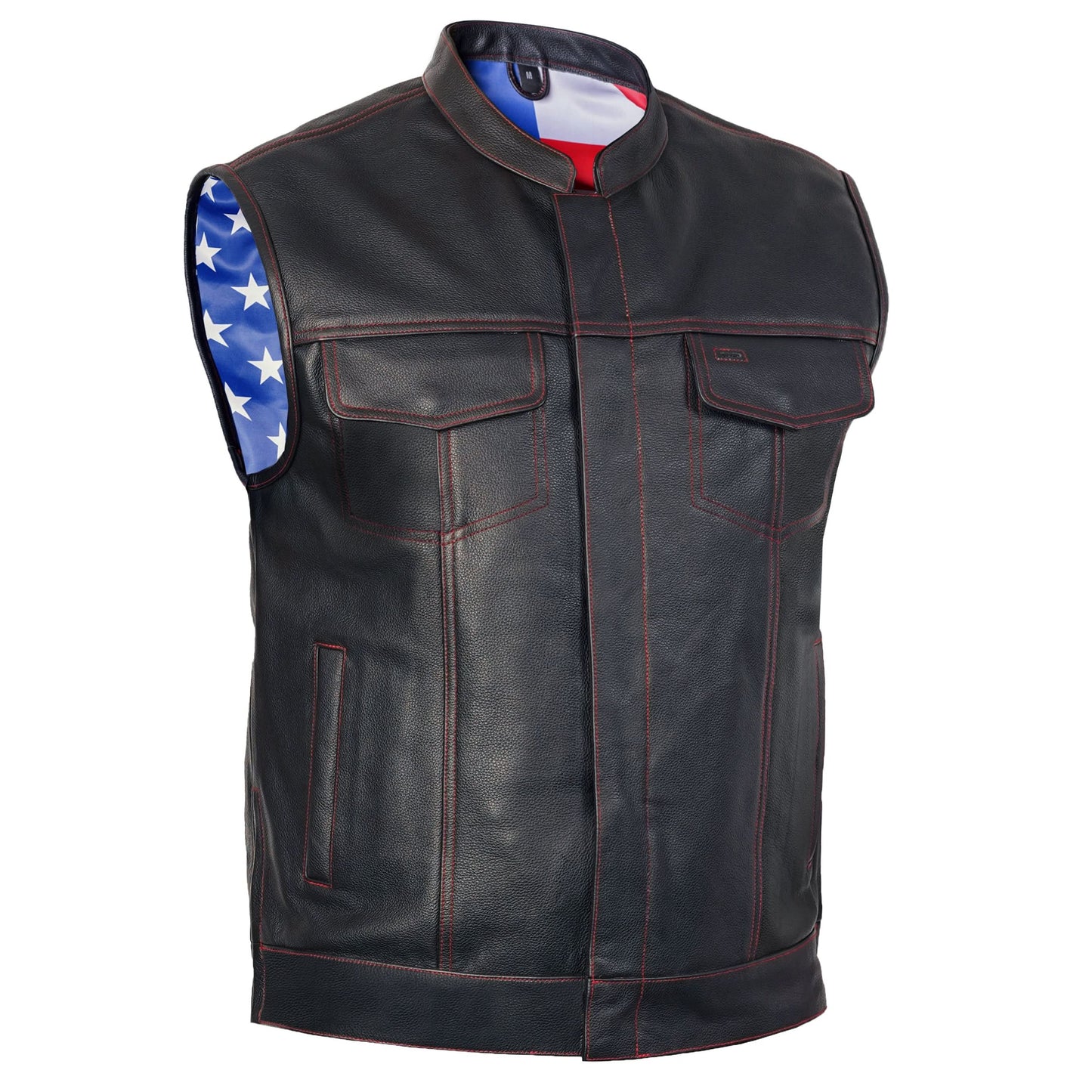 Men's Club Style Leather Motorcycle Vest with Scoop Collar & USA Flag