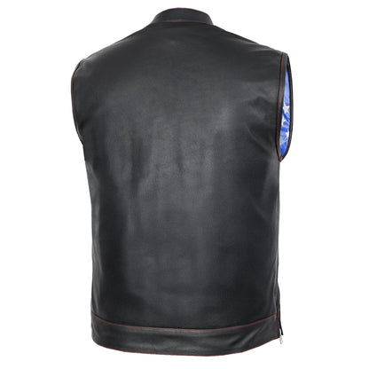 Men's Club Style Leather Motorcycle Vest with Scoop Collar & USA Flag