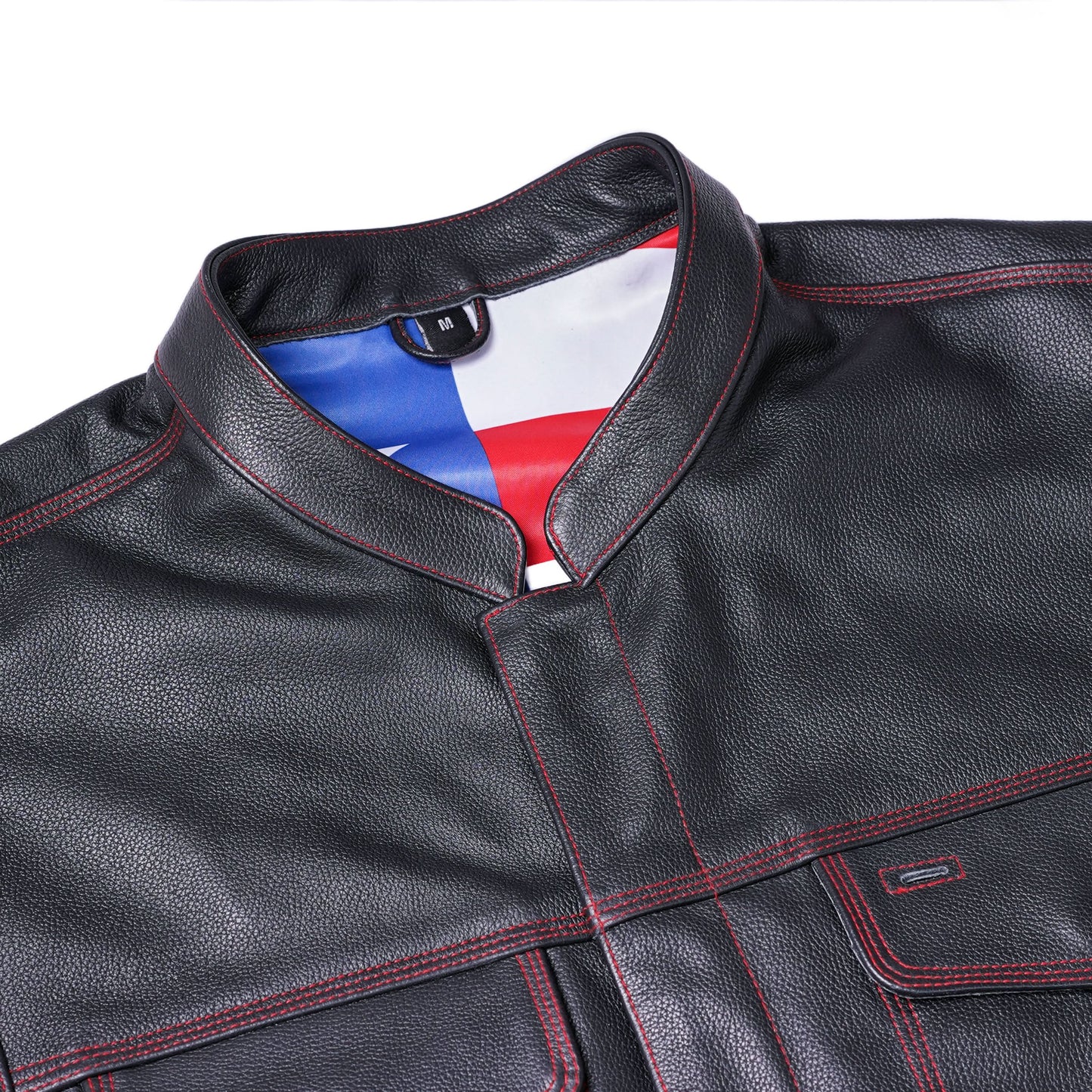Men's Club Style Leather Motorcycle Vest with Scoop Collar & USA Flag