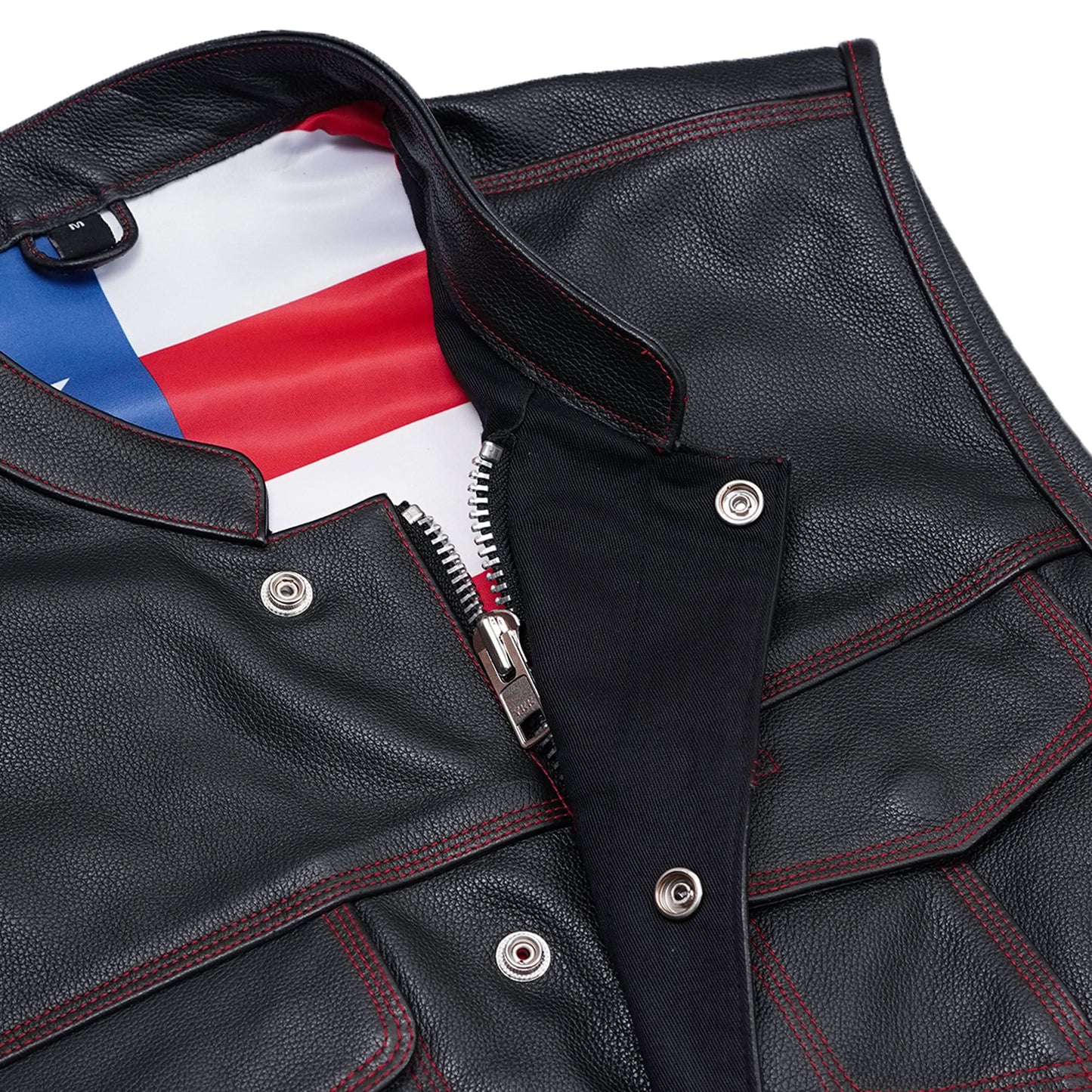 Men's Club Style Leather Motorcycle Vest with Scoop Collar & USA Flag