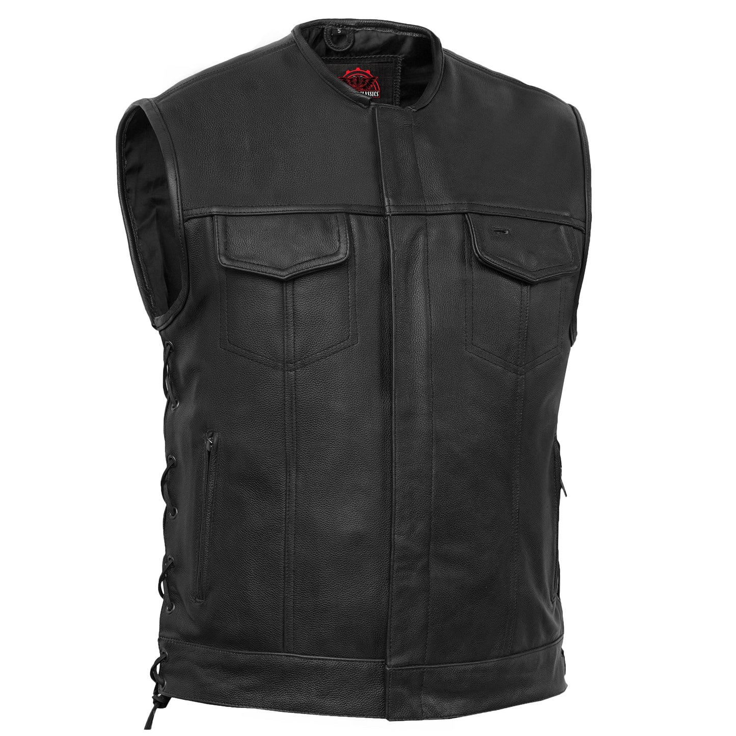 Men's Club Style side lace motorcycle vest, black leather