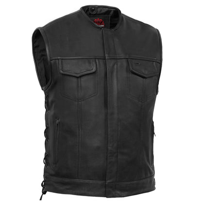 Men's Club Style side lace motorcycle vest, black leather