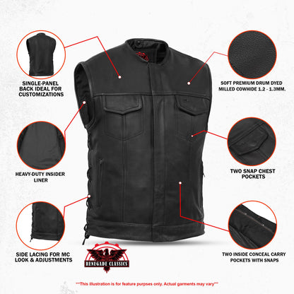 Men's Club Style side lace motorcycle vest, black leather