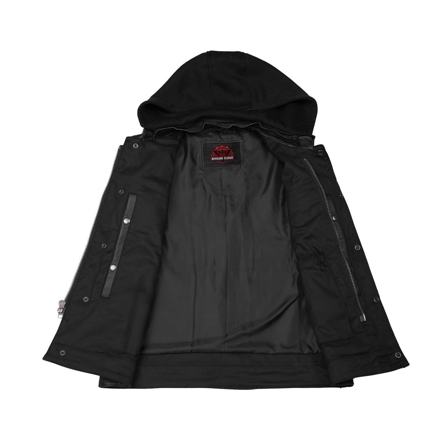 Men's Black Leather Motorcycle Vest with Removable Hood