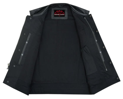 Men's Collarless Club Style Perforated Leather Vest - Black