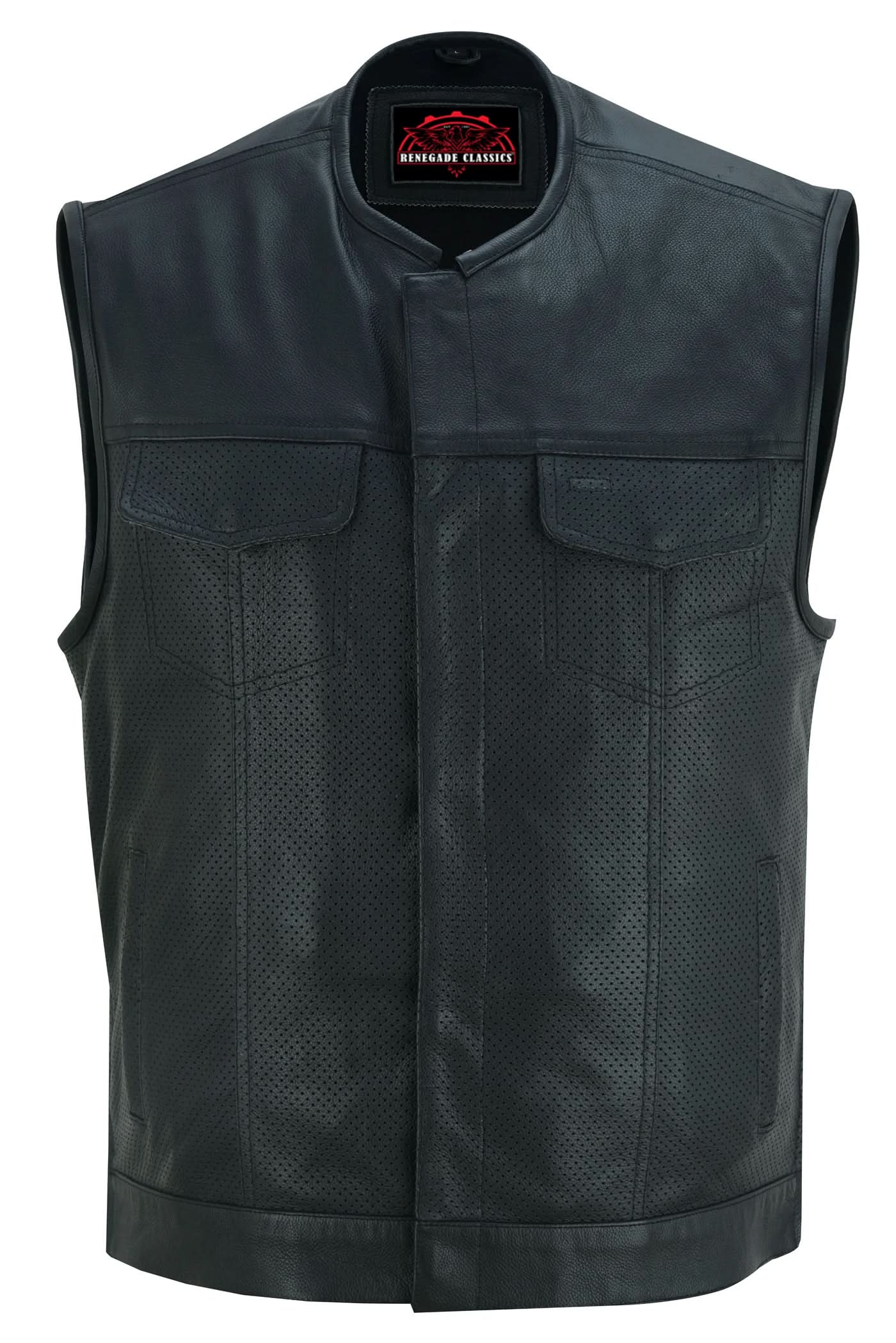 Men's Collarless Club Style Perforated Leather Vest - Black