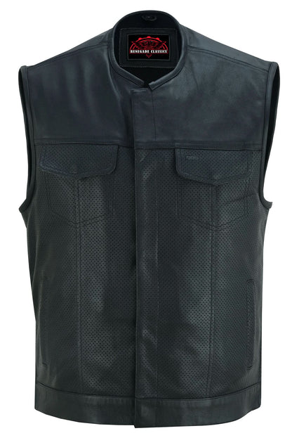 Men's Collarless Club Style Perforated Leather Vest - Black