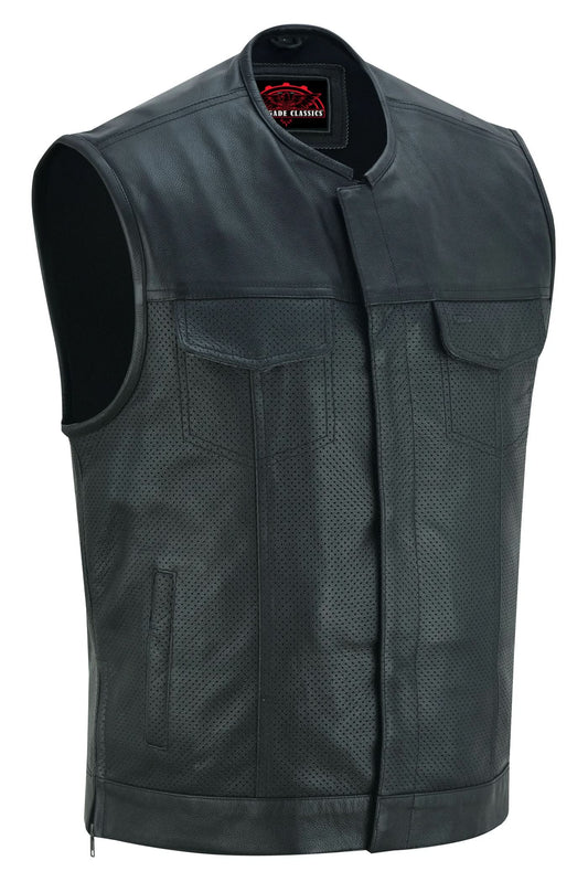 Men's Collarless Club Style Perforated Leather Vest - Black
