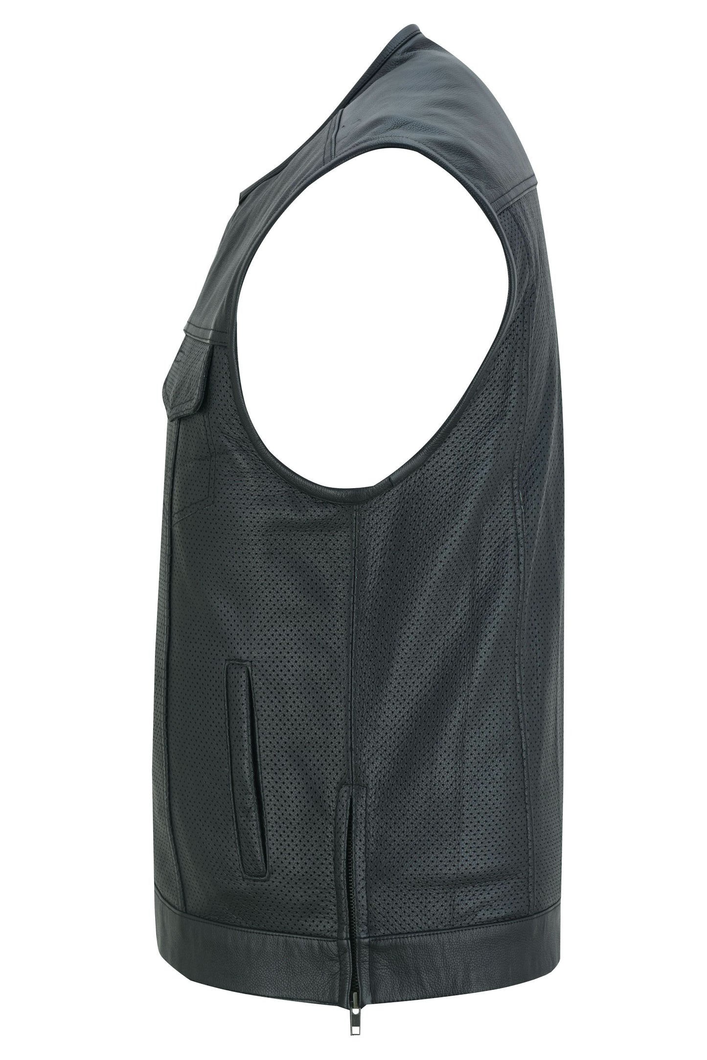 Men's Collarless Club Style Perforated Leather Vest - Black
