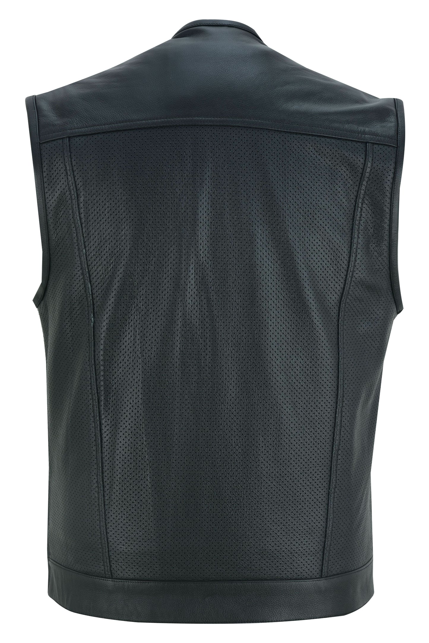 Men's Collarless Club Style Perforated Leather Vest - Black