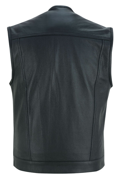 Men's Collarless Club Style Perforated Leather Vest - Black