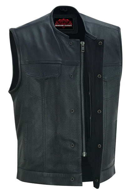 Men's Collarless Club Style Perforated Leather Vest - Black