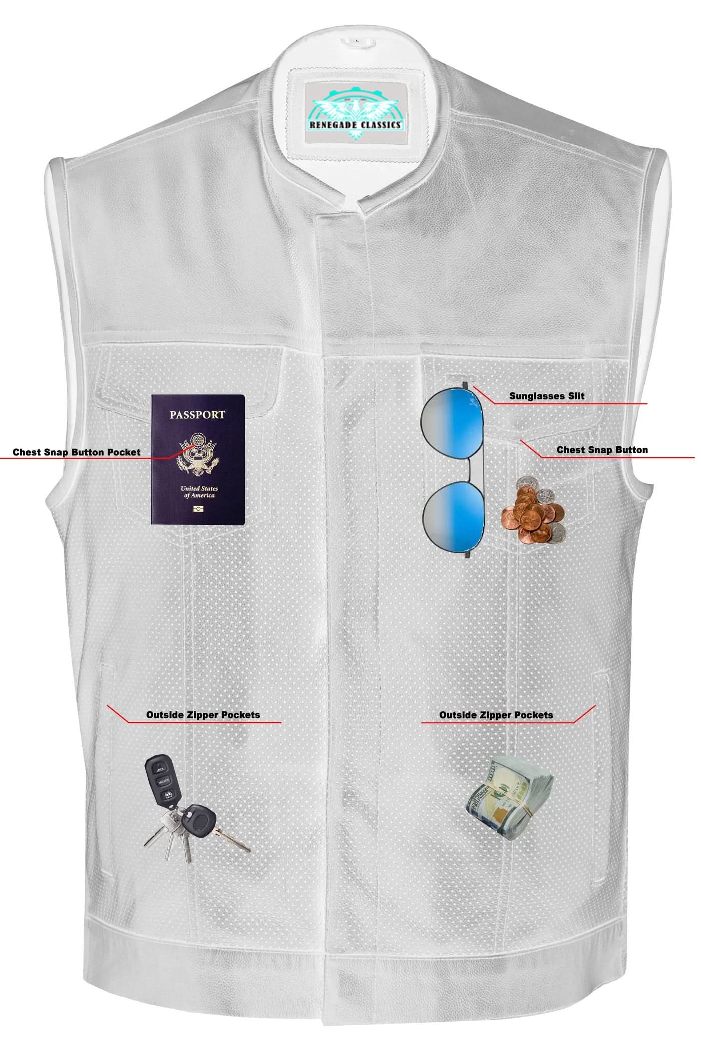 Men's Collarless Club Style Perforated Leather Vest - Black