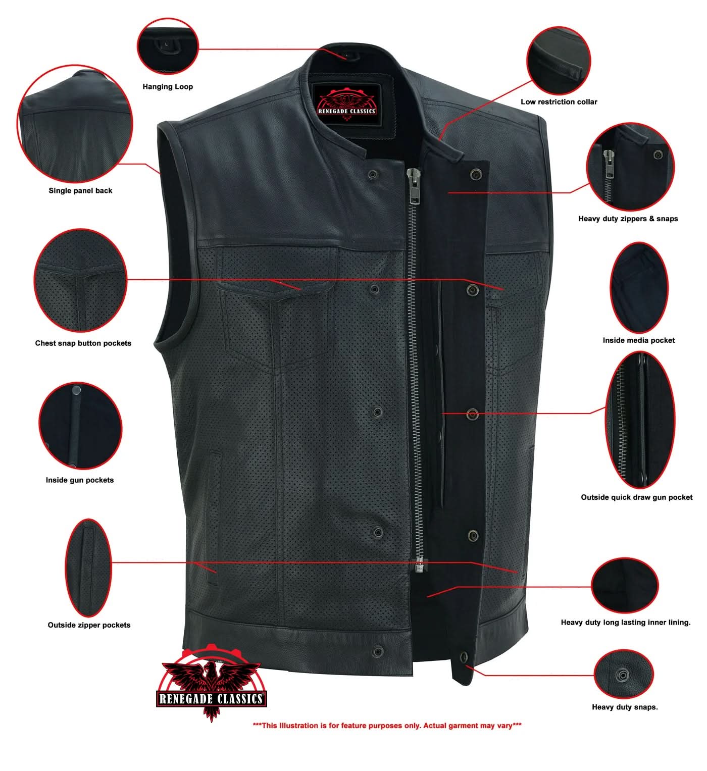 Men's Collarless Club Style Perforated Leather Vest - Black