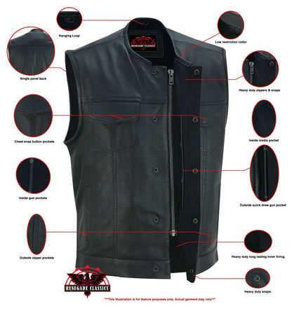 Men's Collarless Club Style Perforated Leather Vest - Black