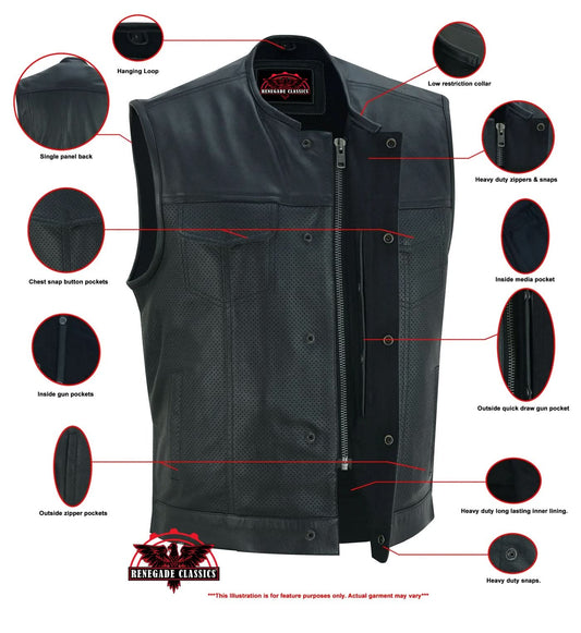 Men's Collarless Club Style Perforated Leather Vest - Black