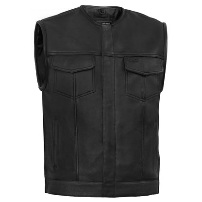Men's Club Style Black Leather Motorcycle Vest with Upgraded Style