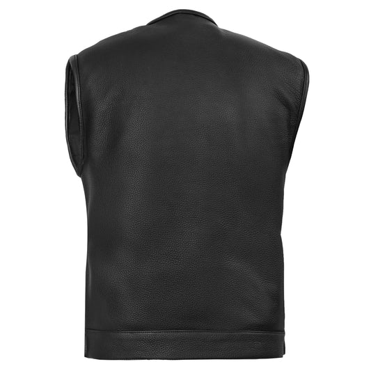 Men's Club Style Black Leather Motorcycle Vest with Upgraded Style
