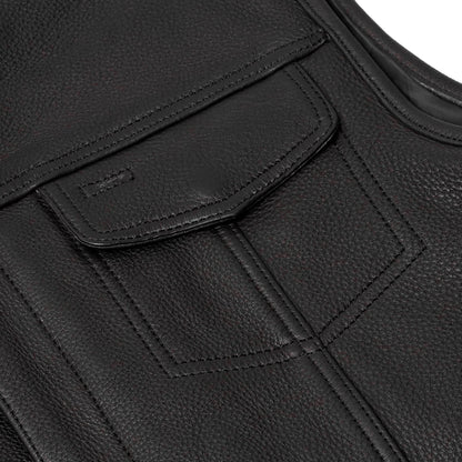 Men's Club Style Black Leather Motorcycle Vest with Upgraded Style