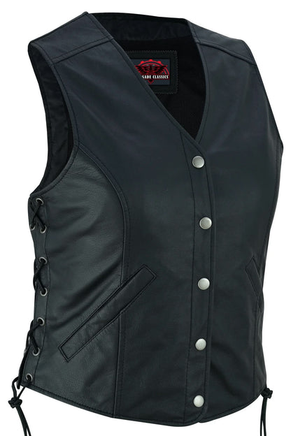 Women's Black Leather Light Weight Open Neck Vest