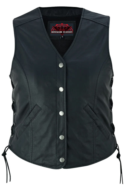 Women's Black Leather Light Weight Open Neck Vest