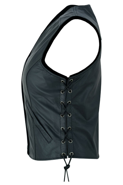 Women's Black Leather Light Weight Open Neck Vest