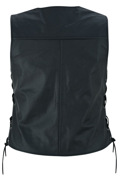 Women's Black Leather Light Weight Open Neck Vest