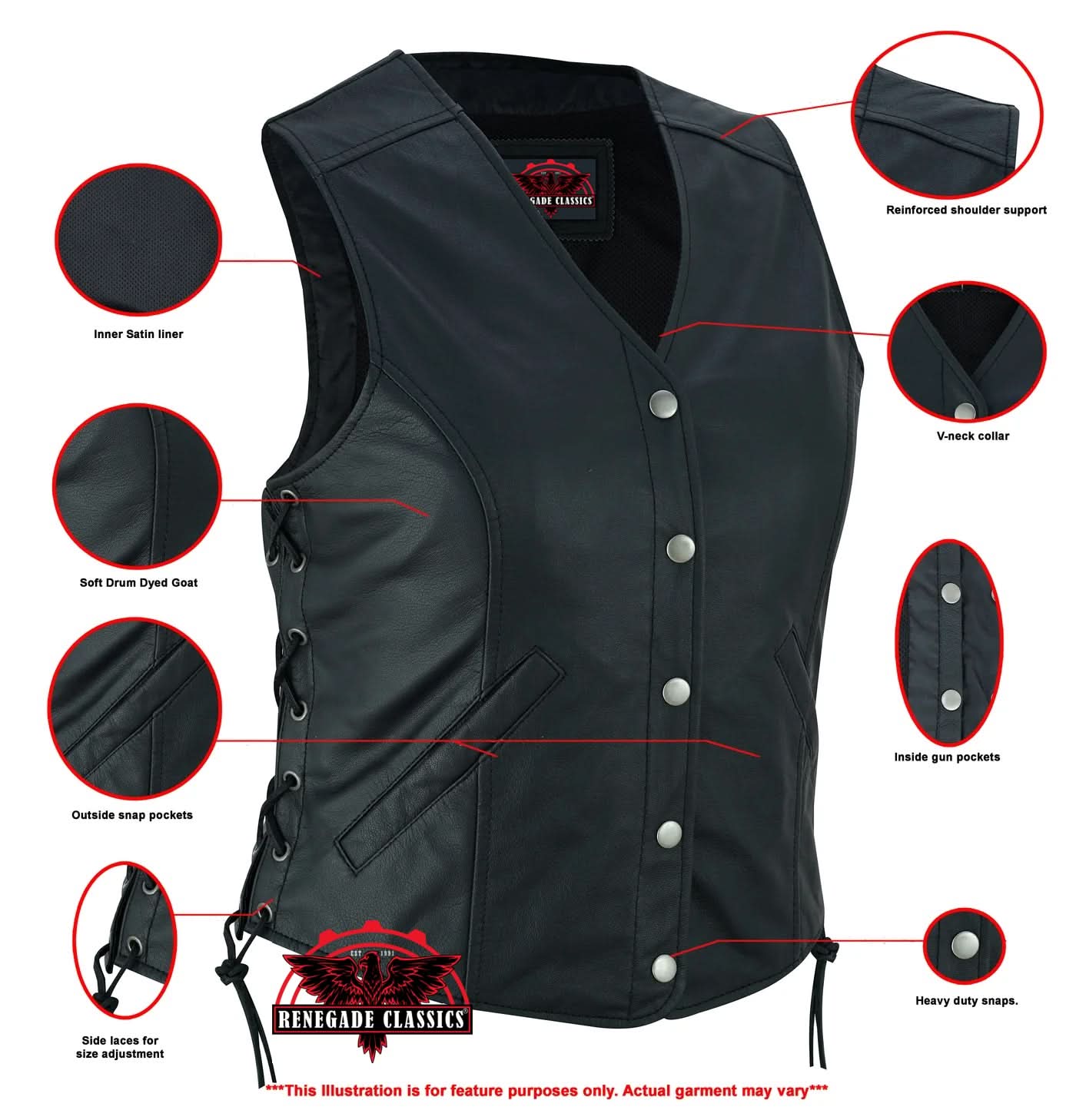 Women's Black Leather Light Weight Open Neck Vest