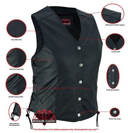 Women's Black Leather Light Weight Open Neck Vest