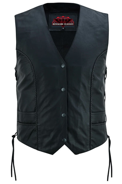 Women's Ultra-Thin Black Goat Leather Braided Vest