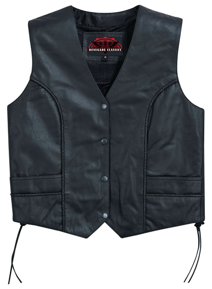 Women's Ultra-Thin Black Goat Leather Braided Vest