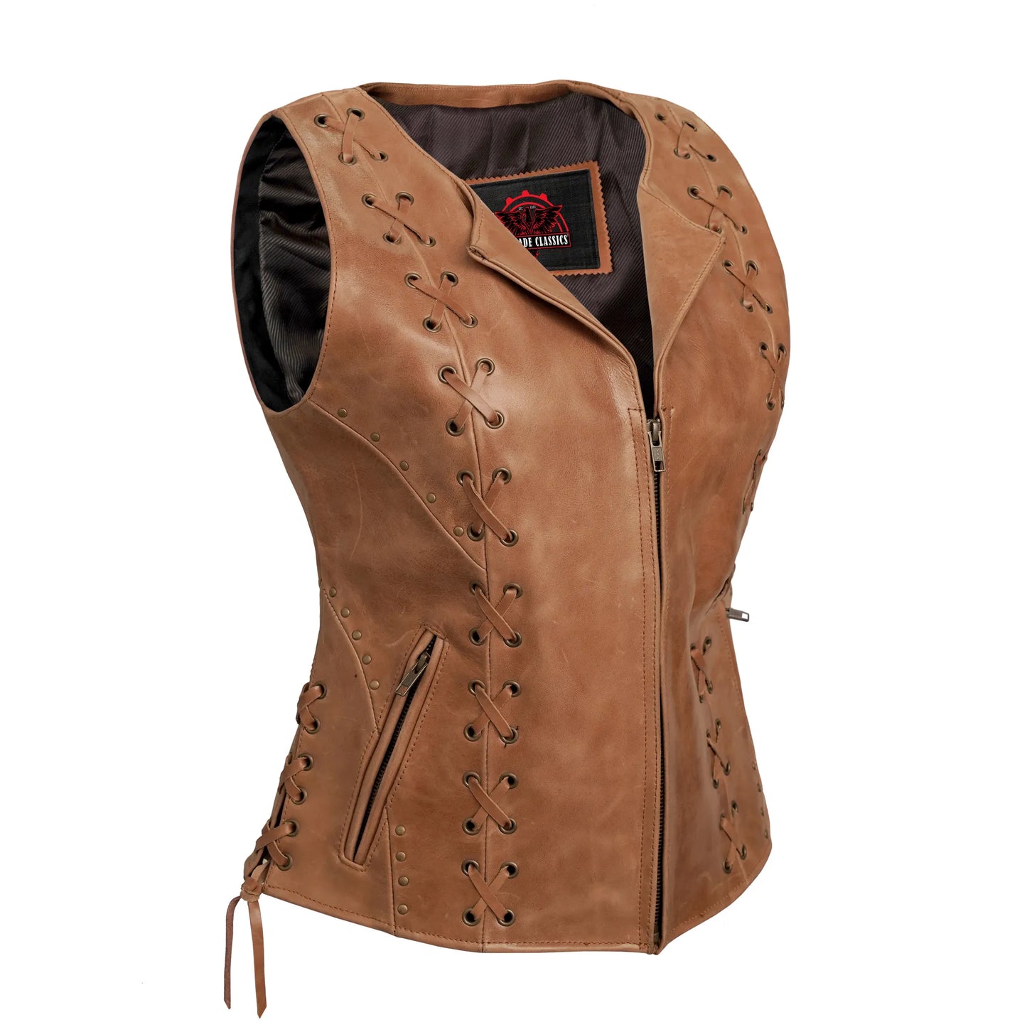 Women's Brown Leather Zippered Vest with Lacing Details
